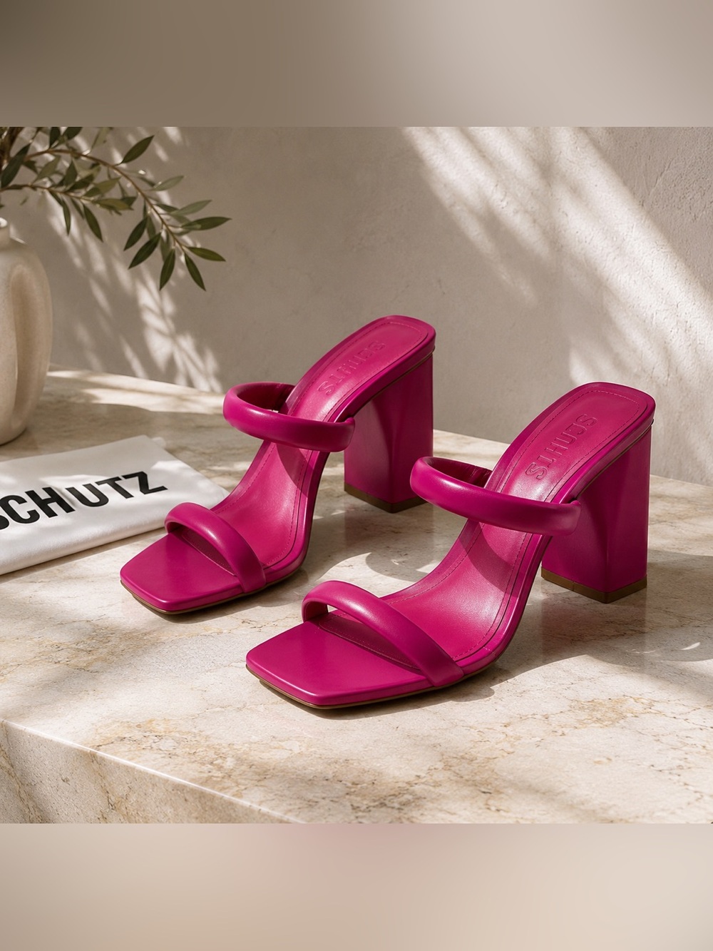SCHUTZ Magenta Double-Strap Block Heel Sandals